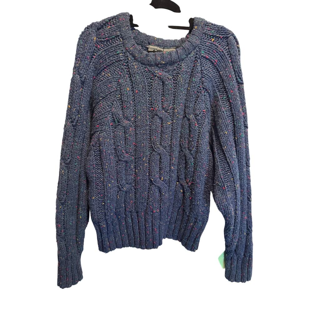 Vintage Lizwear Chunky Cable Knit Sweater Speckled Blue Wool Blend Large Thick